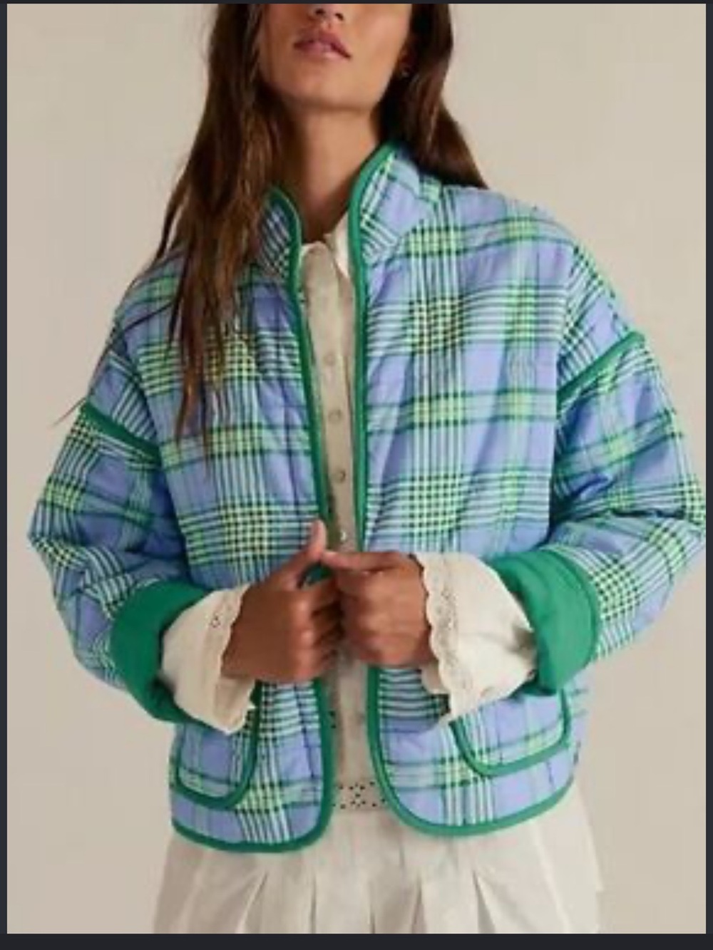 Free People Chloe Quilted Plaid Jacket in Light Blue & Green